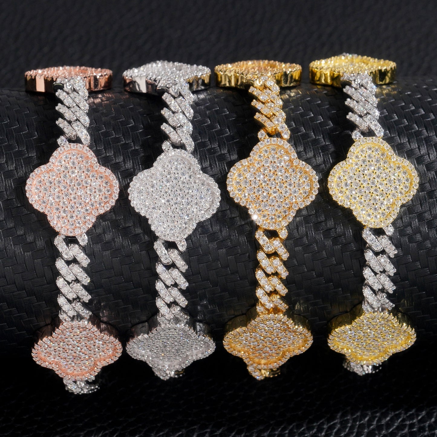 Moissanite Clover Cuban Link Bracelet 14K Gold