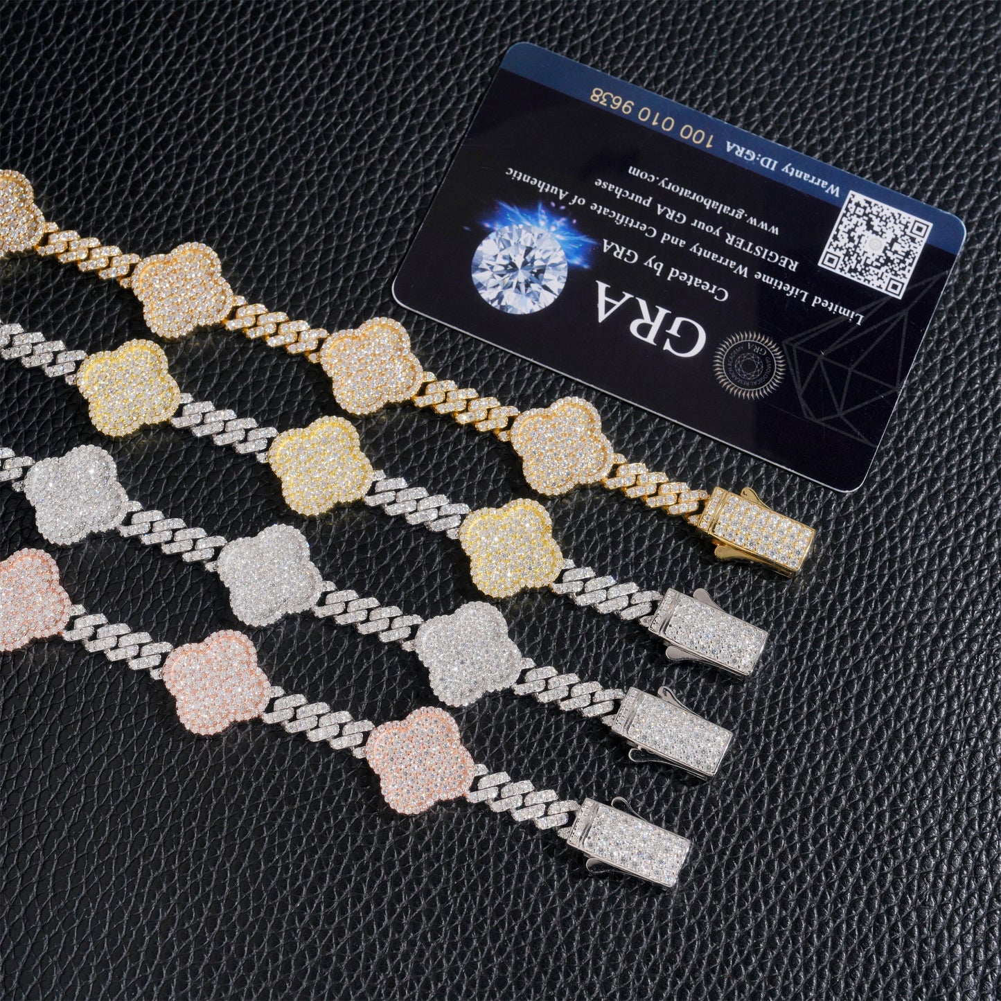 Moissanite Clover Cuban Link Bracelet 14K Gold