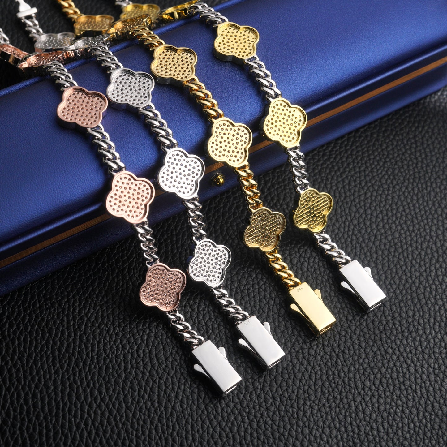 Moissanite Clover Cuban Link Bracelet 14K Gold
