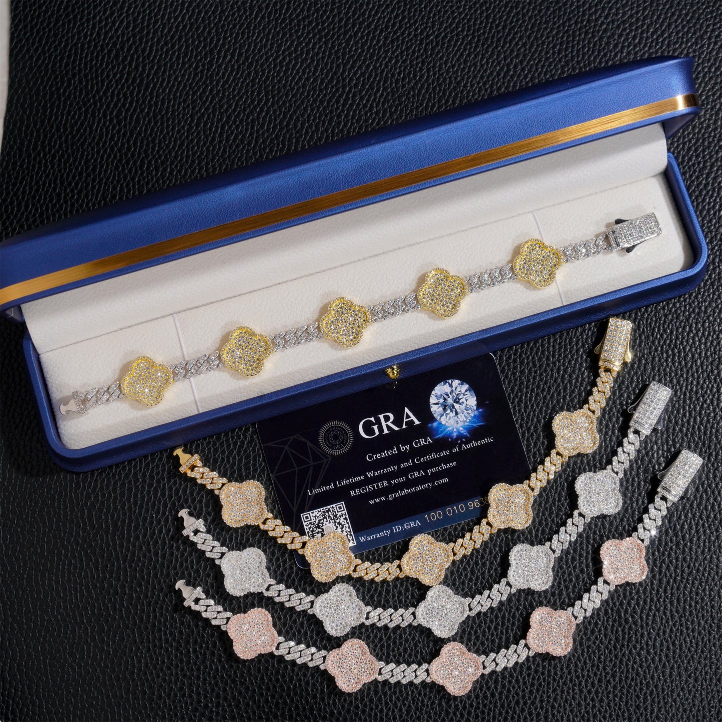 Moissanite Clover Cuban Link Bracelet 14K Gold