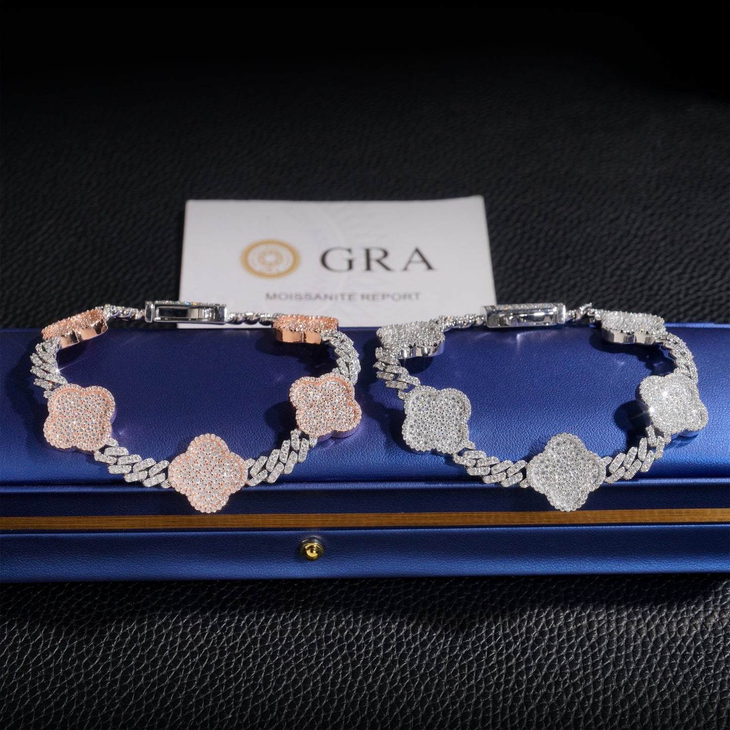 Moissanite Clover Cuban Link Bracelet 14K Gold