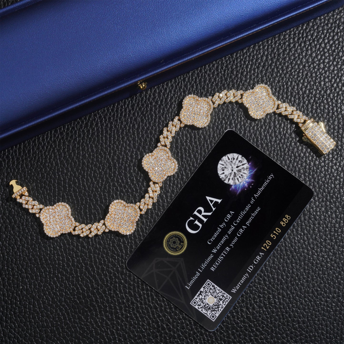 Moissanite Clover Cuban Link Bracelet 14K Gold