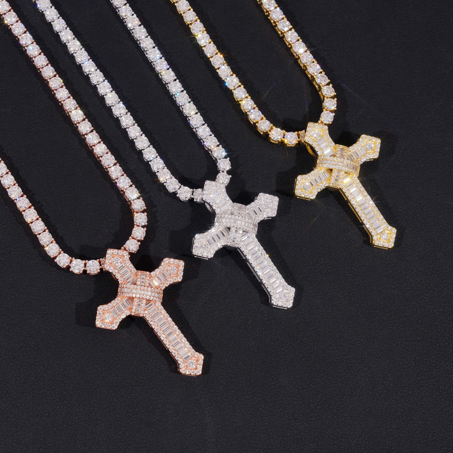 Moissanite Chained Cross Pendant 14K Gold