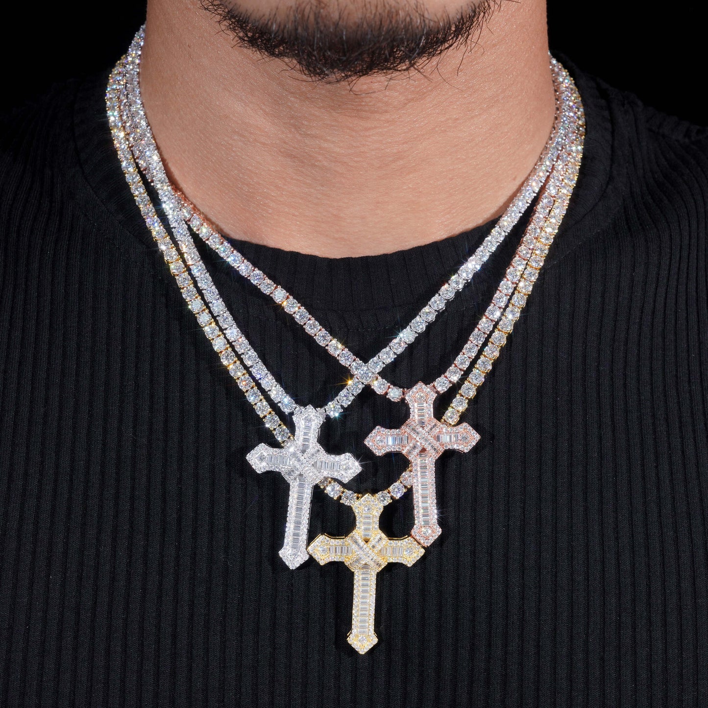 Moissanite Chained Cross Pendant 14K Gold