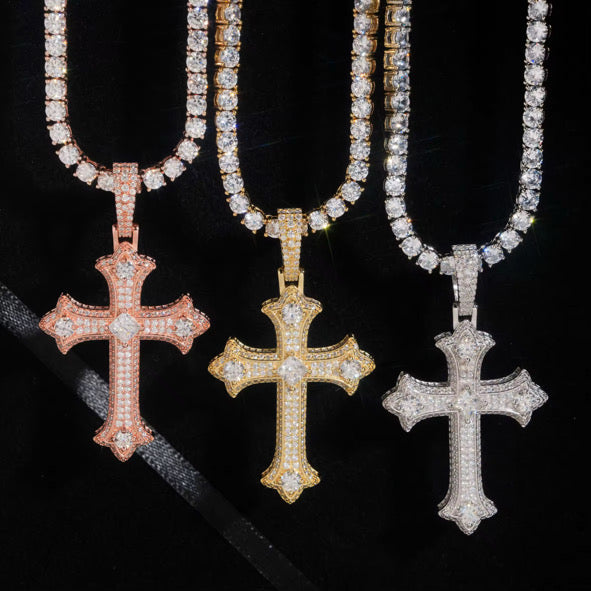 Moissanite Syriac Cross Pendant 14K Gold