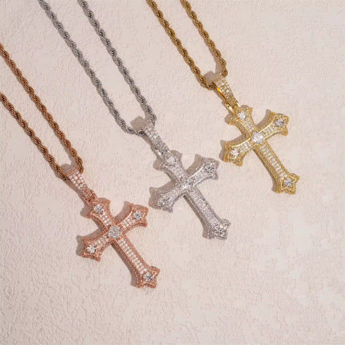Moissanite Syriac Cross Pendant 14K Gold