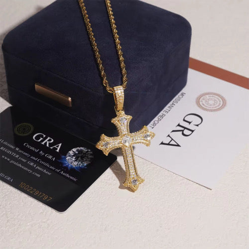 Moissanite Syriac Cross Pendant 14K Gold